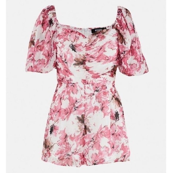 Missguided Pink Floral Puff Sleeve Romper Size 6 - Picture 8 of 8